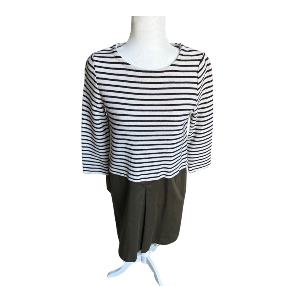 Afternoon Tea Striped Navy and Cream with Military Green Cotton Dress from Japan